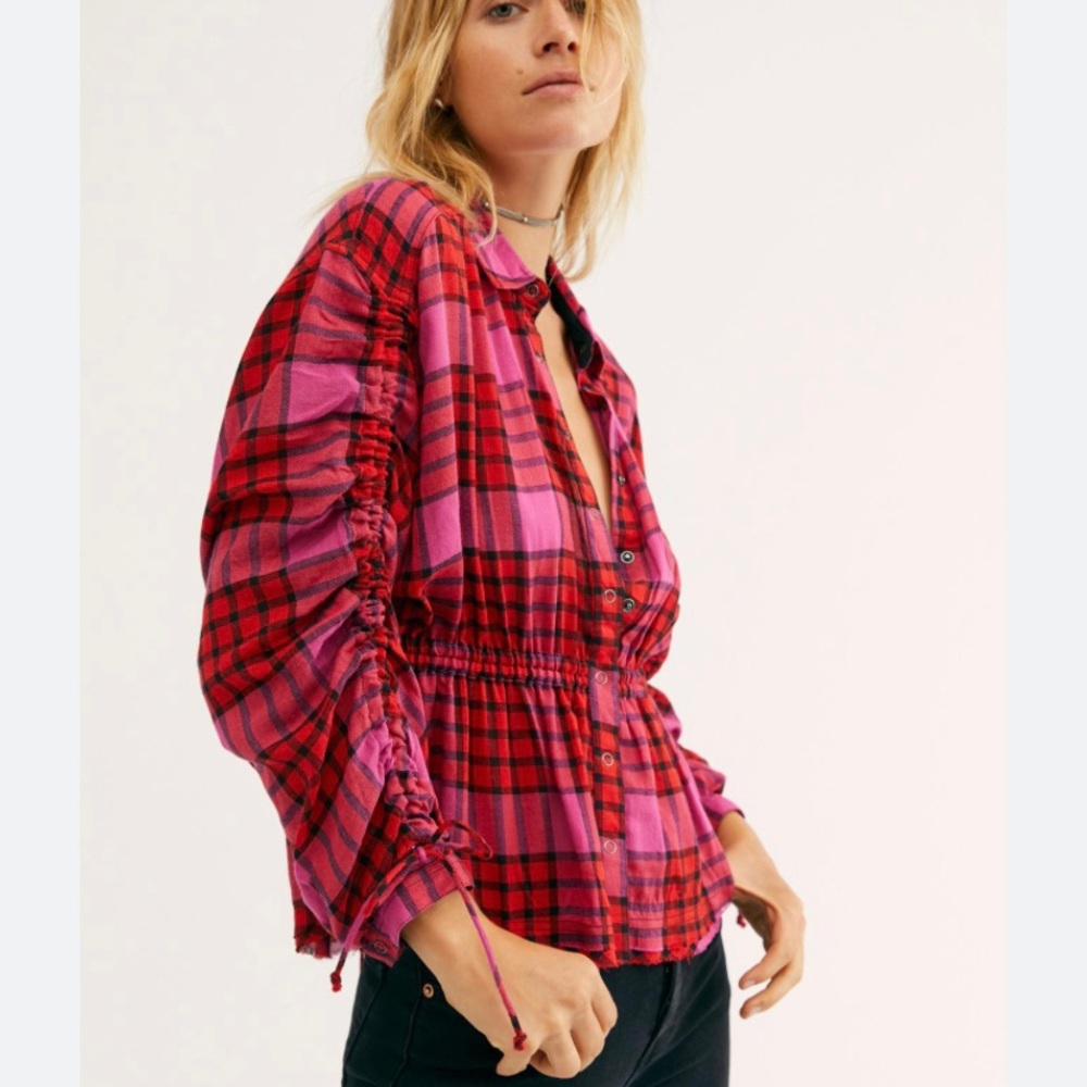 Free People Pacific Dawn Plaid Peplum Blouse